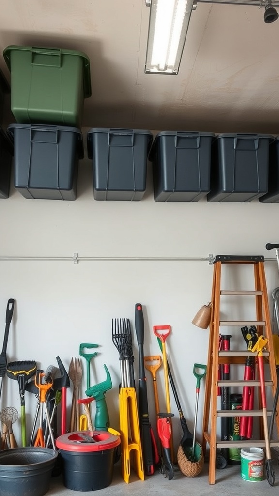 Overhead storage bins filled with gardening tools and supplies, with a ladder and other tools arranged below.