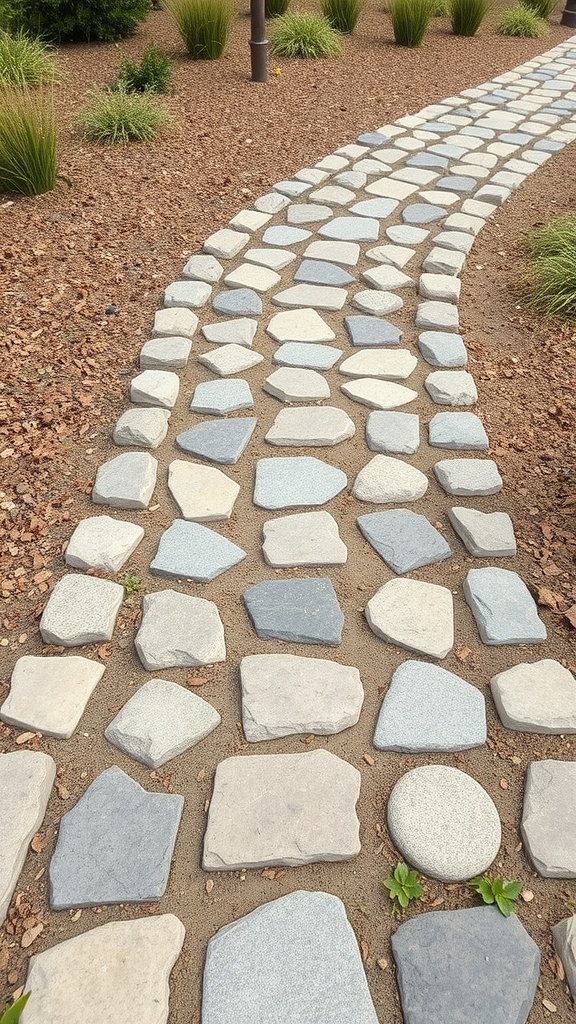 A winding pathway made of decorative stones surrounded by greenery.