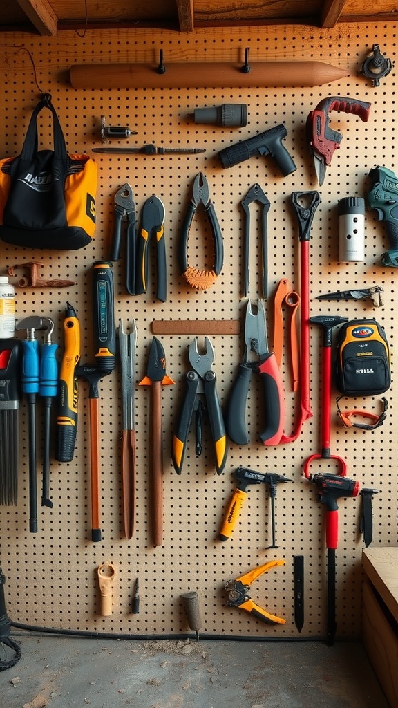 A pegboard wall displaying various tools organized for easy access.