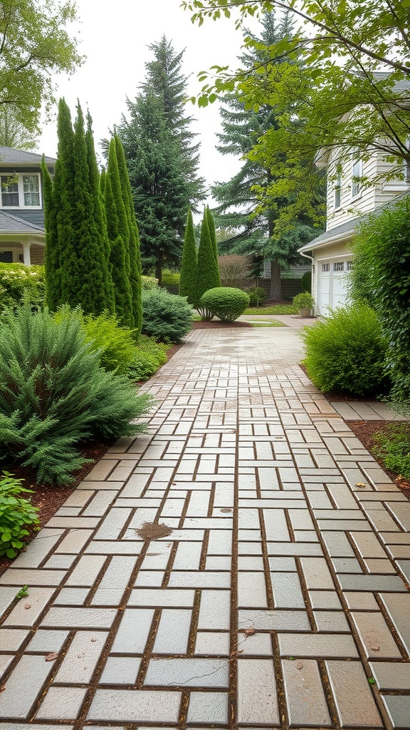 A pathway made of permeable pavers surrounded by greenery
