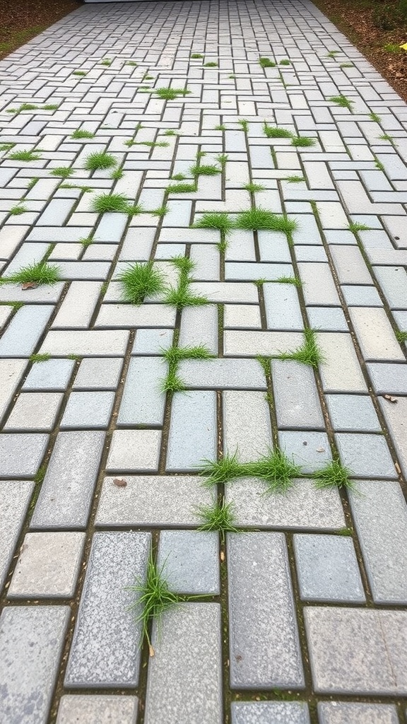 A driveway made of permeable pavers with grass growing between them.