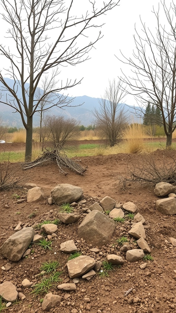 A landscape showing a dry area with scattered rocks and bare earth, ideal for preparing a dry rock bed for drainage.