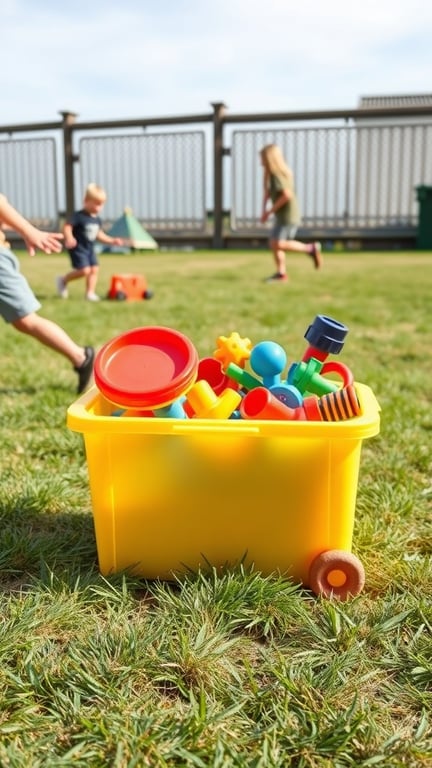 A bright yellow container filled with colorful toys on grass, with children playing in the background.