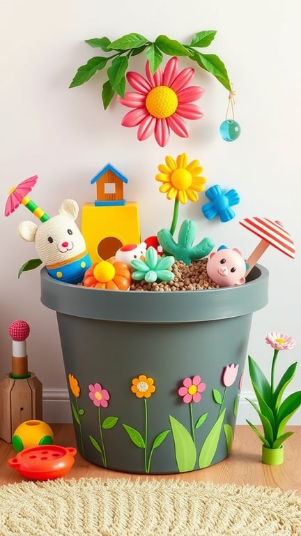 Colorful garden-themed toy storage with flowers and playful toys in a large pot.