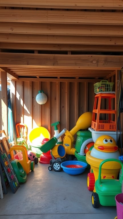 Colorful outdoor toys stored under a deck, including plastic vehicles and buckets.