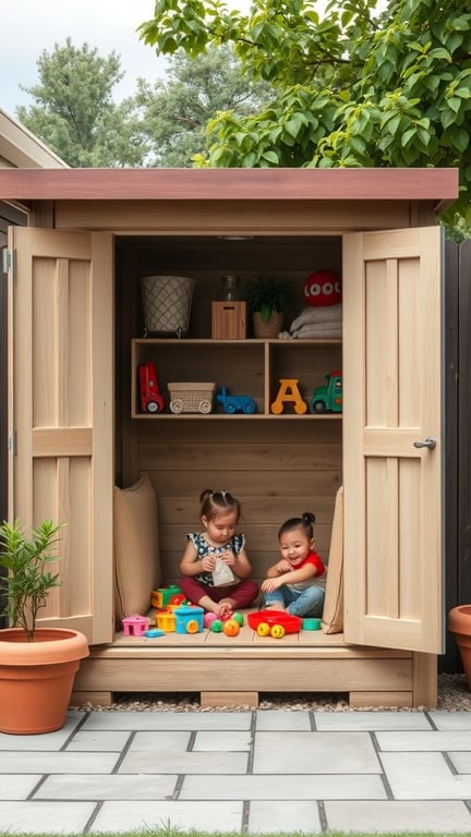 A wooden toy storage unit with built-in seating, featuring two children playing with colorful toys inside.
