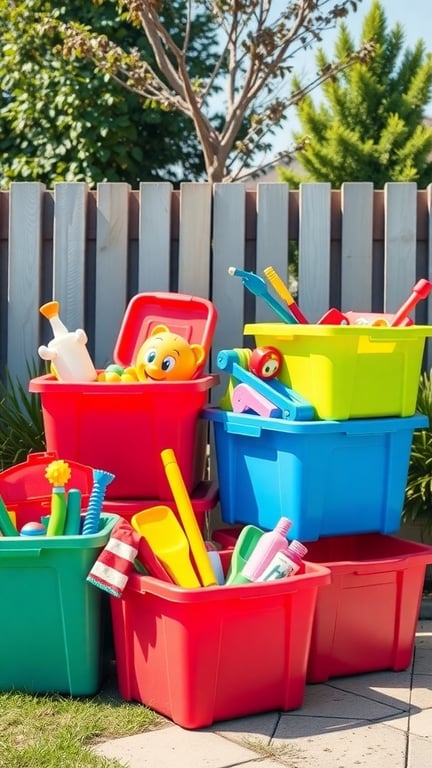 Colorful outdoor storage bins filled with toys in a backyard setting.