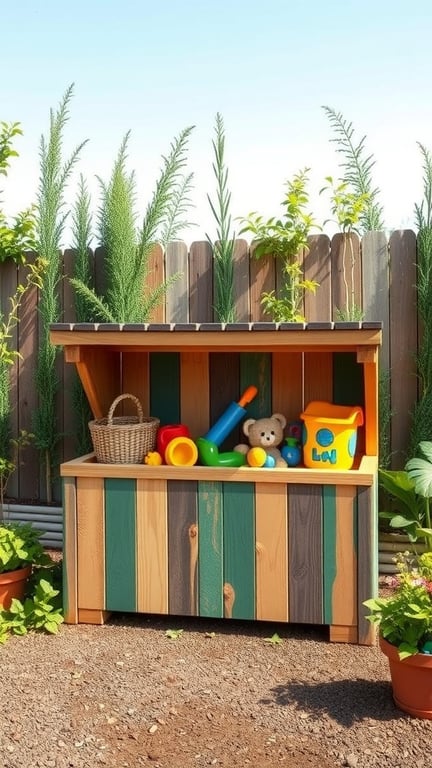 Eco-friendly outdoor toy storage box made of colorful wooden panels with toys inside.