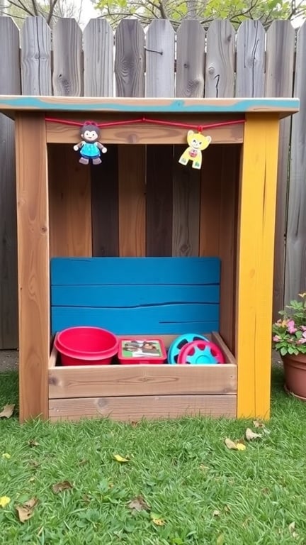 Colorful wooden outdoor toy storage unit with toys inside and hanging figures