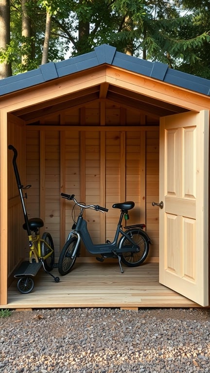 A wooden shed with two bikes and a scooter inside, surrounded by trees.