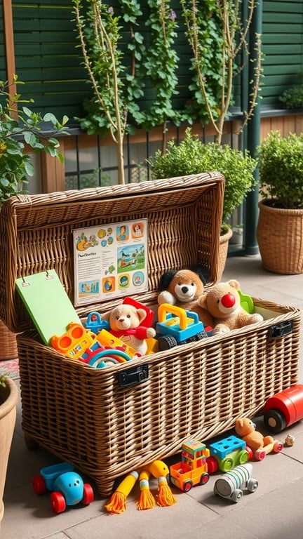 A stylish outdoor toy chest filled with colorful toys, surrounded by greenery.