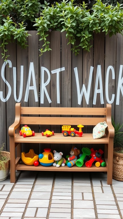 A wooden bench with colorful toys on display, set against a wooden fence with greenery.