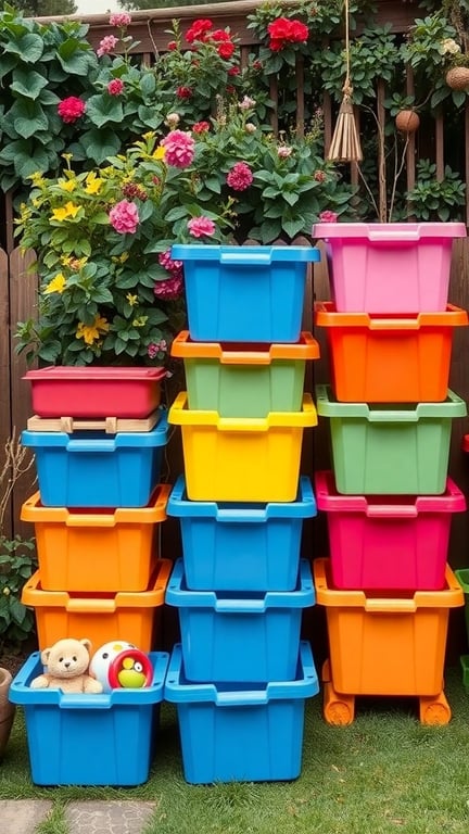 Colorful stackable storage bins for outdoor toy storage