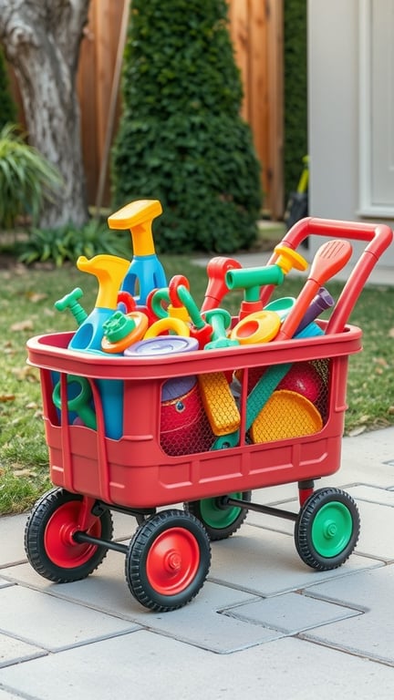 A red rolling storage cart filled with colorful outdoor toys.