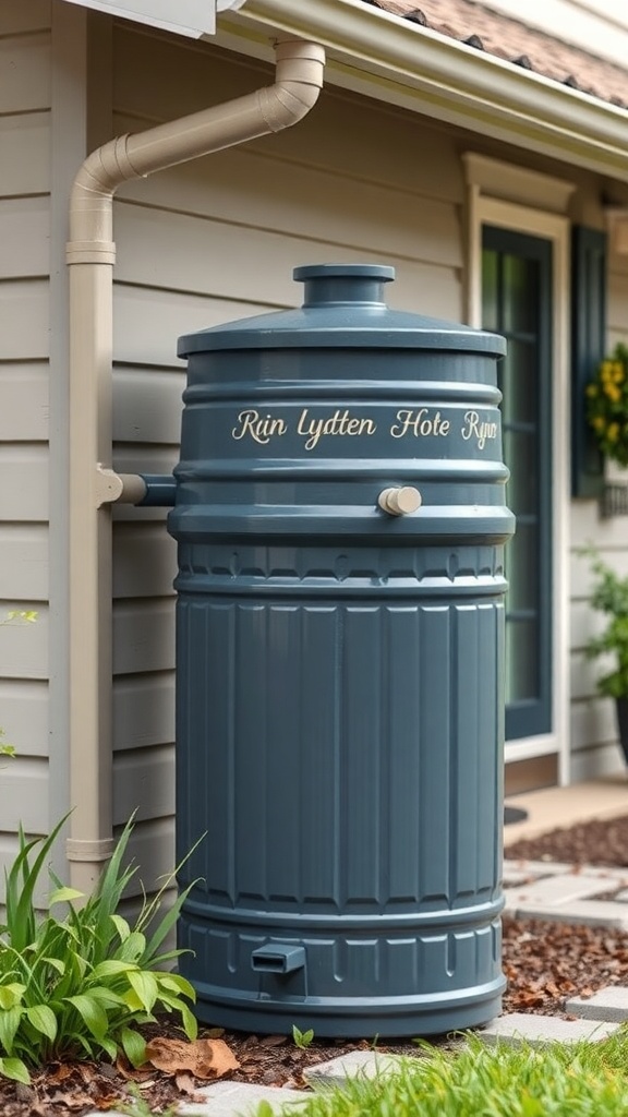 A blue rain barrel next to a house, connected to a downspout for collecting rainwater.