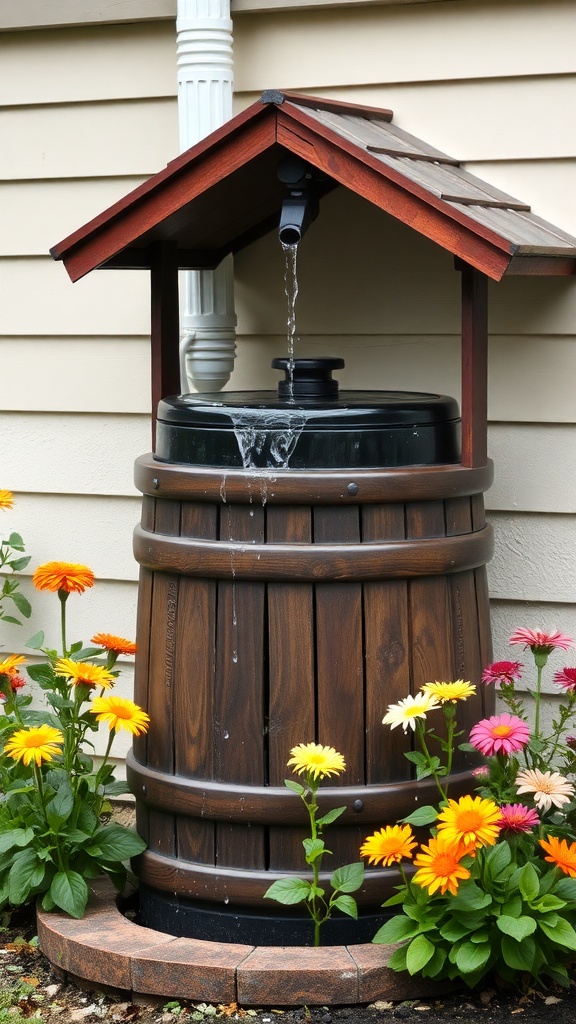 A wooden rain barrel with a roof, collecting water, surrounded by colorful flowers.