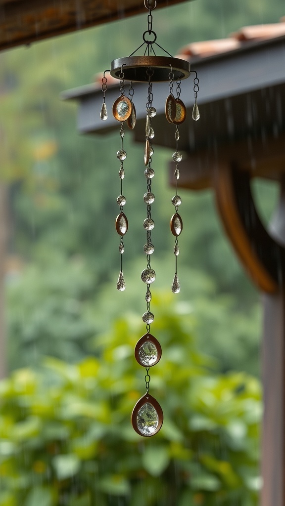A rain chain with wind chimes, featuring decorative elements that reflect light, set against a lush green background.
