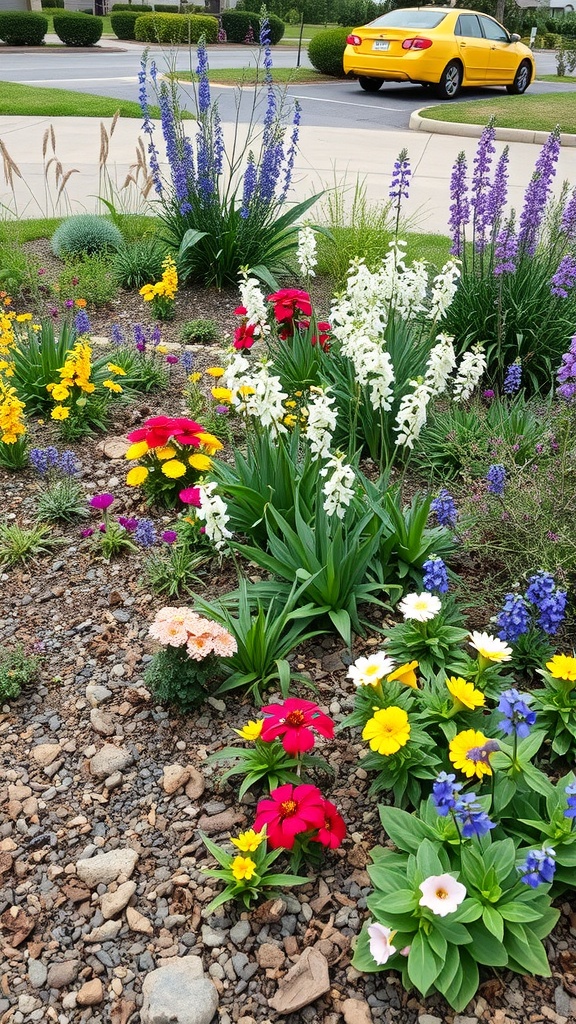 A colorful rain garden filled with various flowers and plants, designed to absorb rainwater runoff.
