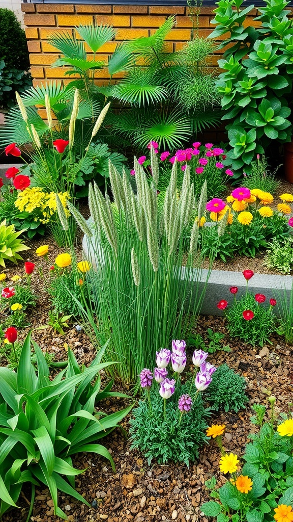 A colorful rain garden filled with various flowers and greenery, showcasing a vibrant landscape.