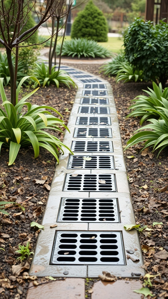 A rainwater drainage channel with grates surrounded by plants in a garden.