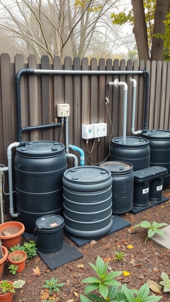 A rainwater harvesting system with multiple black barrels and pipes for collecting rainwater.