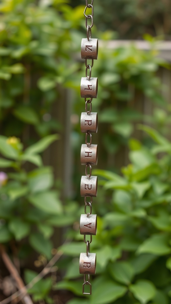 A recycled metal rain chain with unique links hanging in a garden