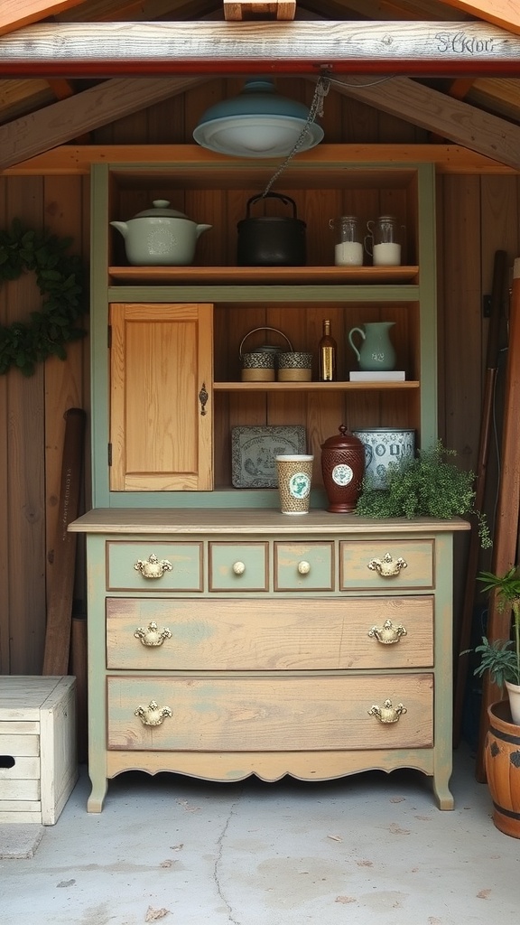 A repurposed dresser in a shed, featuring drawers and open shelves for storage.