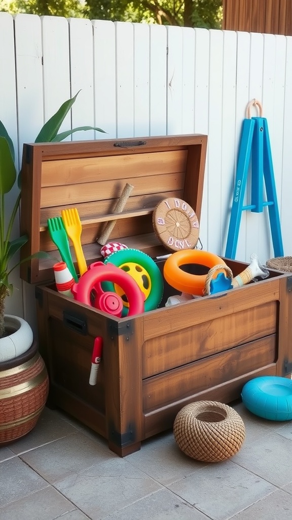 A wooden toy chest filled with colorful pool toys, including floaties and rings, set in an outdoor space.