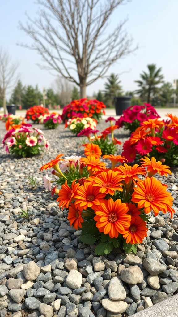 Vibrant orange flowers surrounded by gray rock mulch in a flower bed