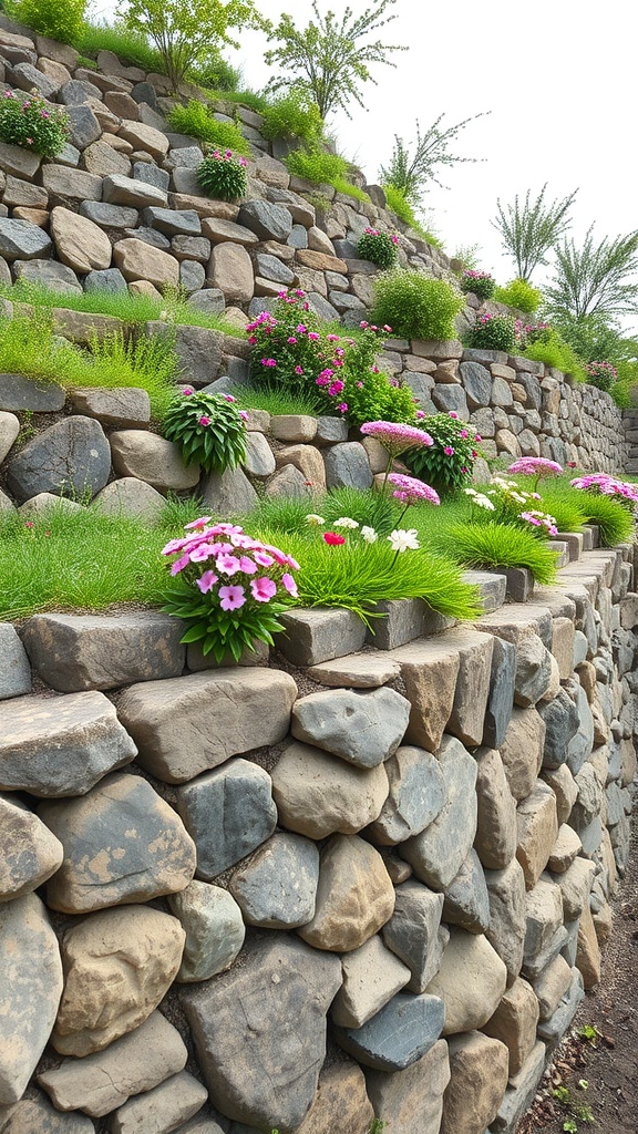 A tiered rock retaining wall with colorful flowers and greenery.