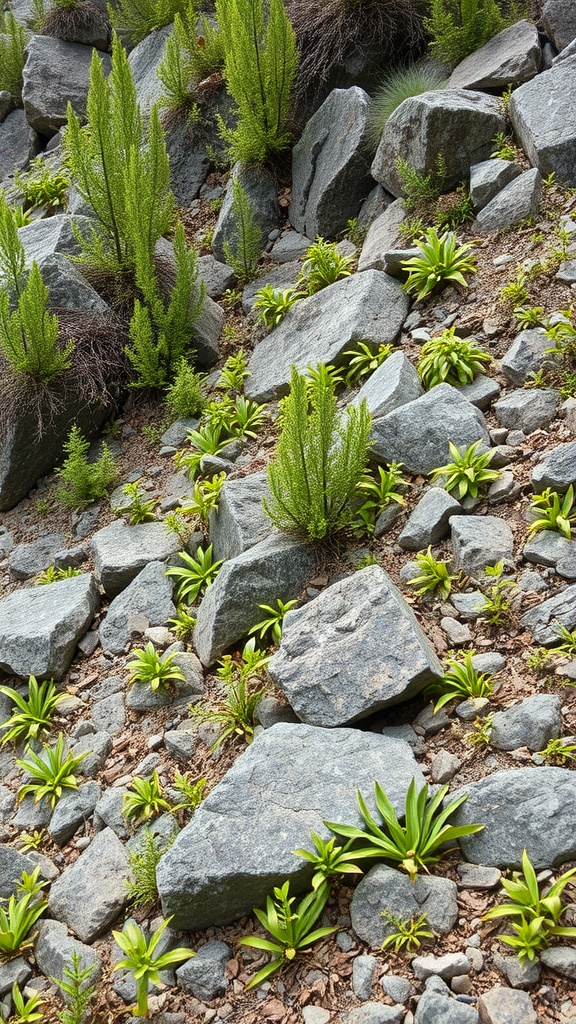 A rocky slope featuring native plants, showcasing a mix of stones and greenery.