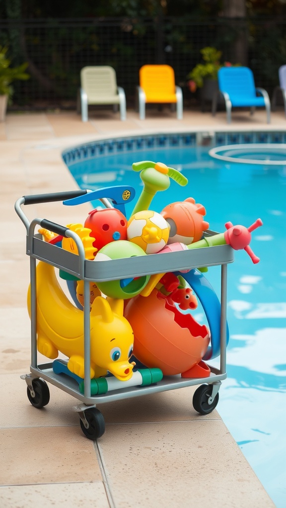 A rolling cart filled with colorful pool toys next to a swimming pool.