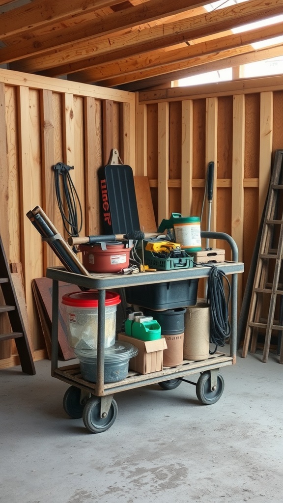 A rolling cart filled with various tools and containers in a small shed.