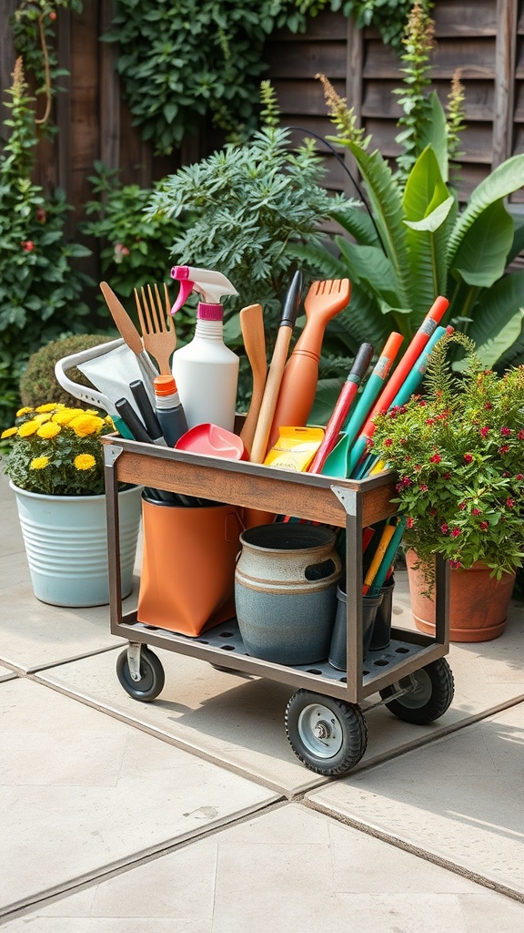 A rolling tool cart filled with gardening tools, including rakes, watering cans, and spray bottles, set against a lush garden backdrop.