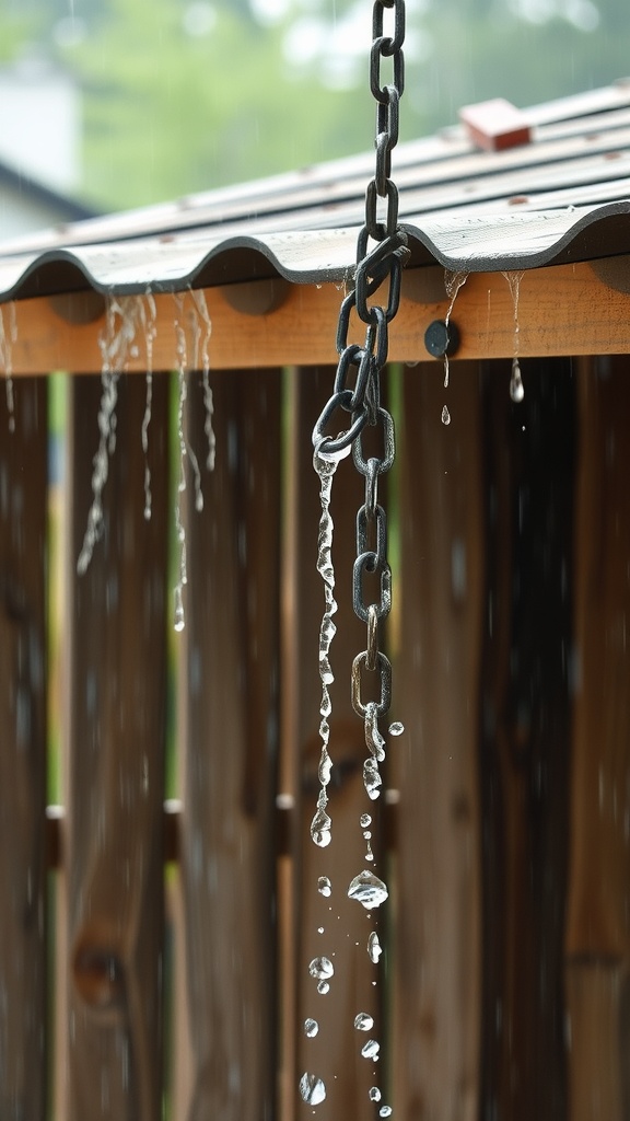 A close-up of a rustic chain link rain drainage system with water droplets falling from the chain.