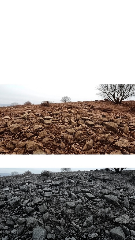 A dry rock bed with various sizes of rocks, showing a natural landscape.