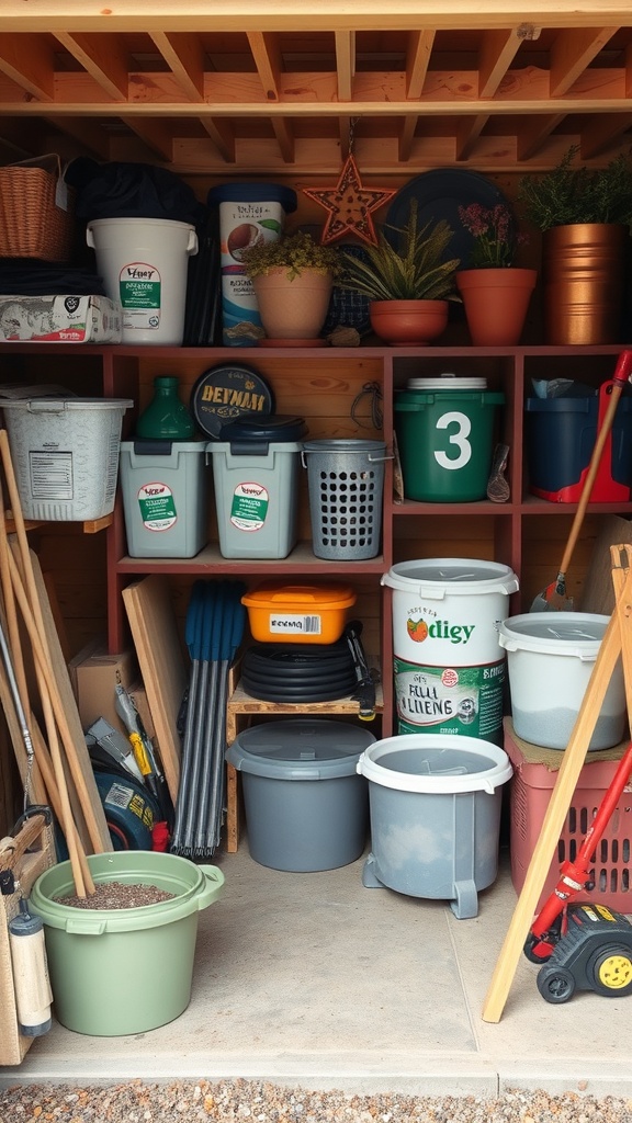 An organized shed with various storage containers, tools, and plants