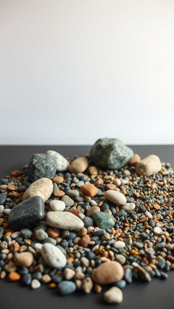 A variety of rocks and gravel suitable for a dry creek bed, showcasing different colors and sizes.
