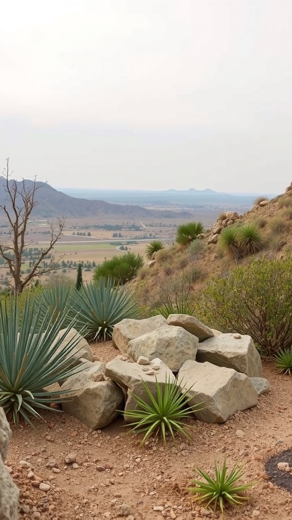 A rocky landscape with desert plants, ideal for a dry rock bed for drainage.