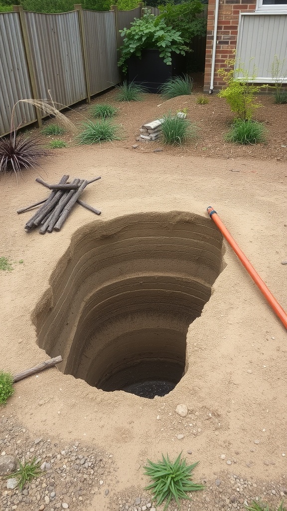 A freshly dug soakaway pit in a garden, surrounded by plants and landscaping elements.