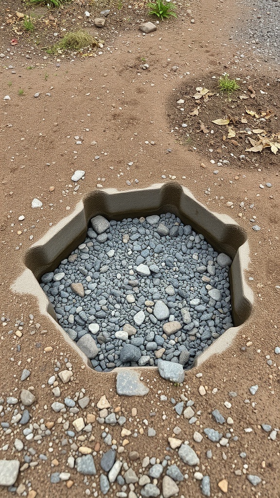 A hexagonal soakaway filled with gravel, designed for groundwater recharge.