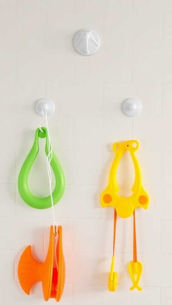 Colorful pool toys hanging on suction cup hooks on a wall