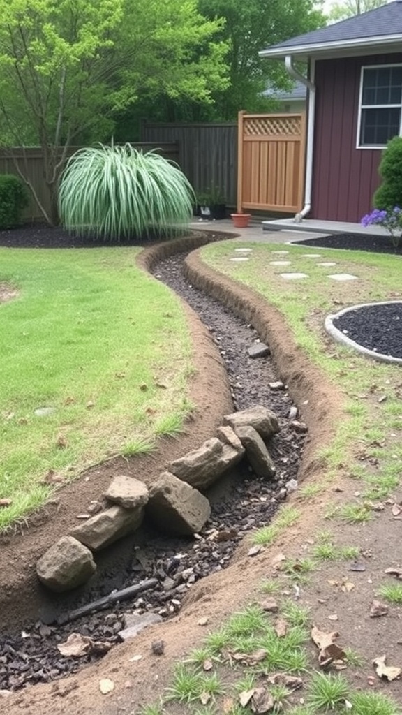 A curved swale in a garden, lined with stones and surrounded by grass and plants.