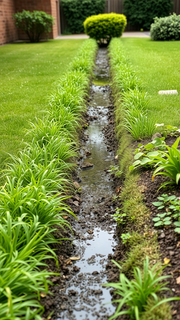 A well-maintained swale in a yard, lined with grass and plants, directing water runoff.