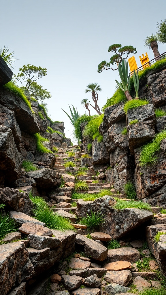 A terraced rock garden with stone steps, greenery, and a seating area.