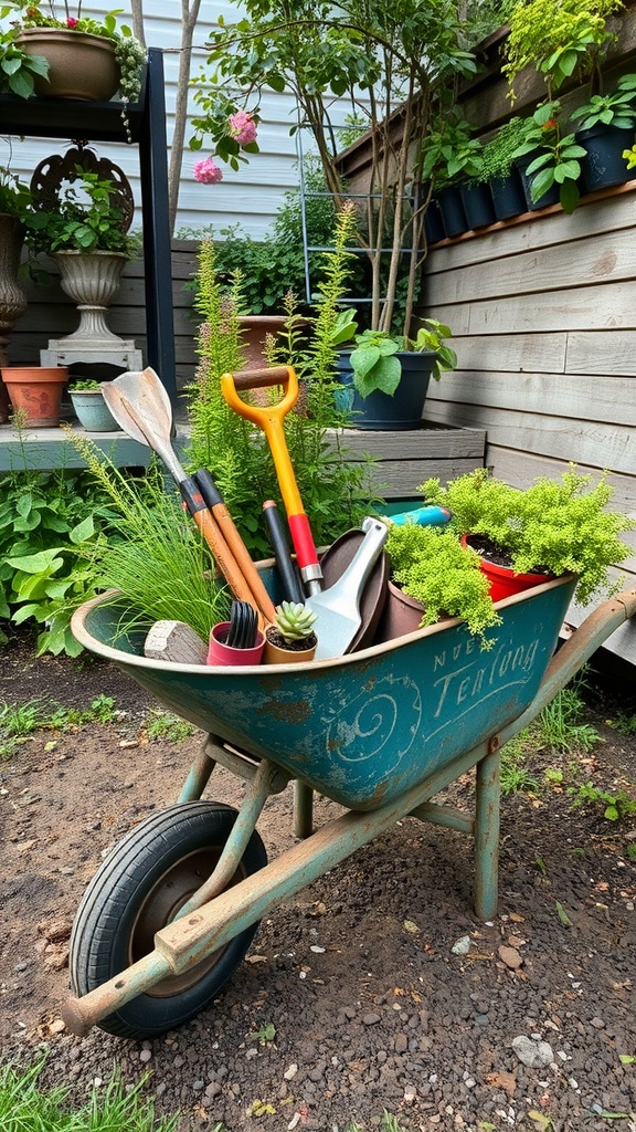 A vintage wheelbarrow filled with gardening tools and plants, showcasing a creative storage solution for garden tools.
