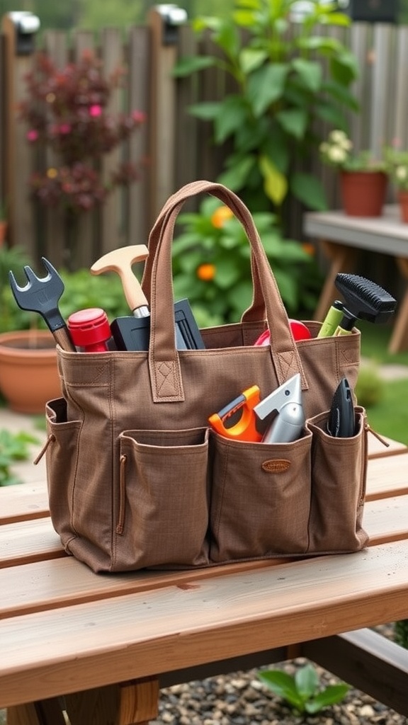 A brown tool tote filled with various gardening tools, sitting on a wooden table in a garden setting.