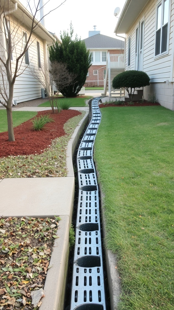 A trench drain installed along a pathway in a yard, effectively channeling water away from the area.