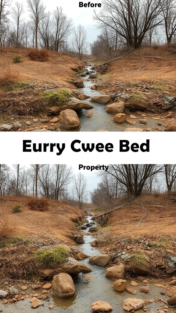 Before and after images of a dry creek bed transformation