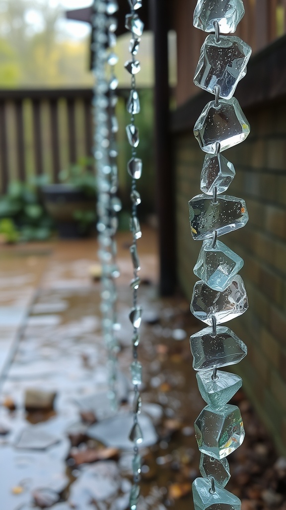 Tumbled glass rain chain with unique glass pieces hanging down